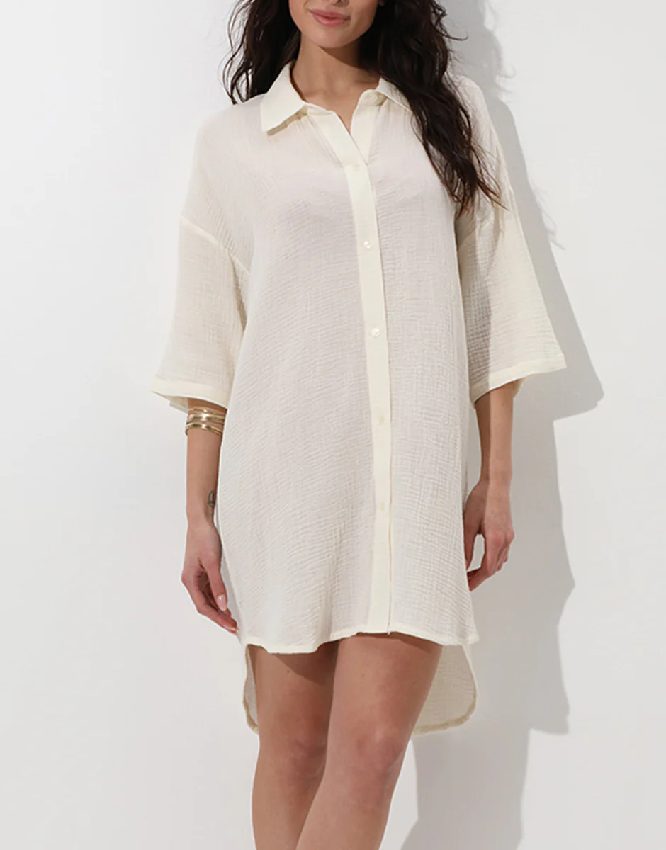 Abito camicia manica 3/4 in cotone intrecciato, bianco seta