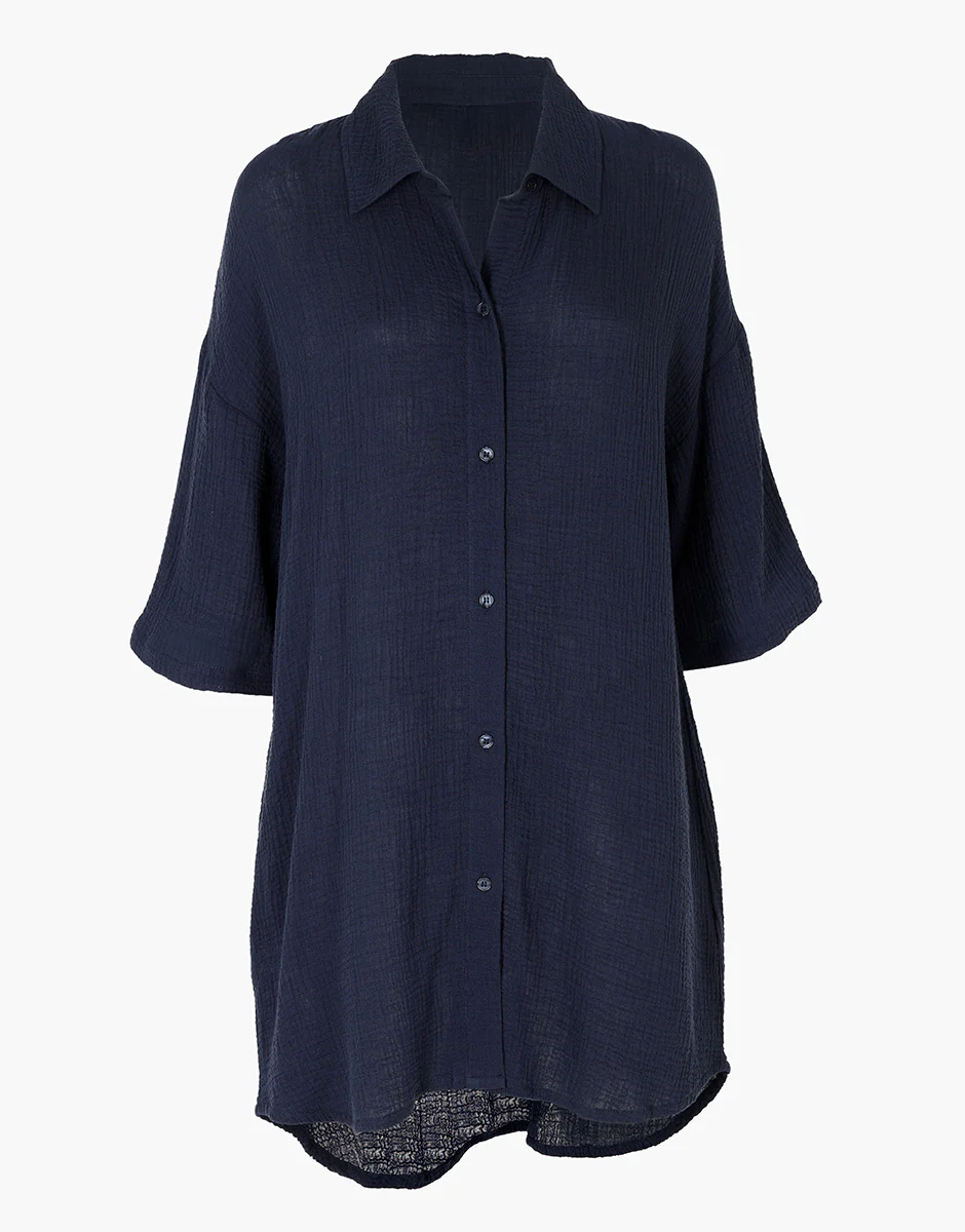 Abito camicia manica 3/4 in cotone intrecciato, blu notte - Image 4