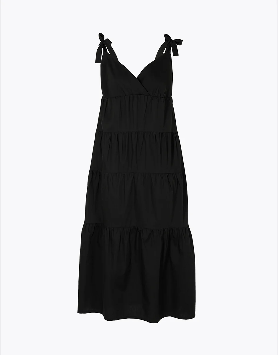 Abito Lungo con Spalline in Cotone, nero - Image 4