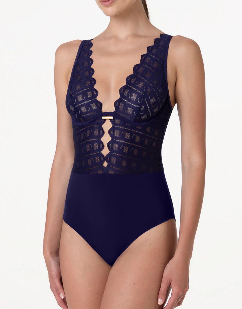 Body con ferretto L’Allure in pizzo e microfibra, viola scuro