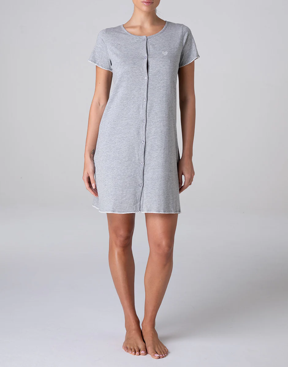 Camicia da Notte Aperta Manica Corta in jersey, grigio melange