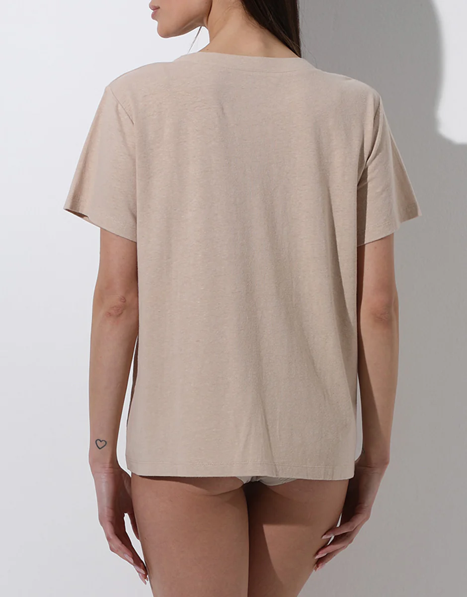 Maglia Manica Corta Scollo a V in cotone e lino, cappuccino - Image 3