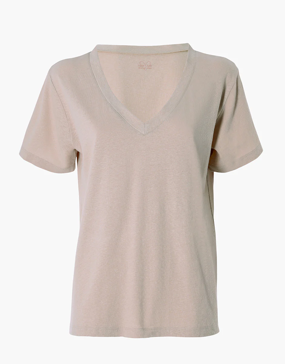 Maglia Manica Corta Scollo a V in cotone e lino, cappuccino - Image 4