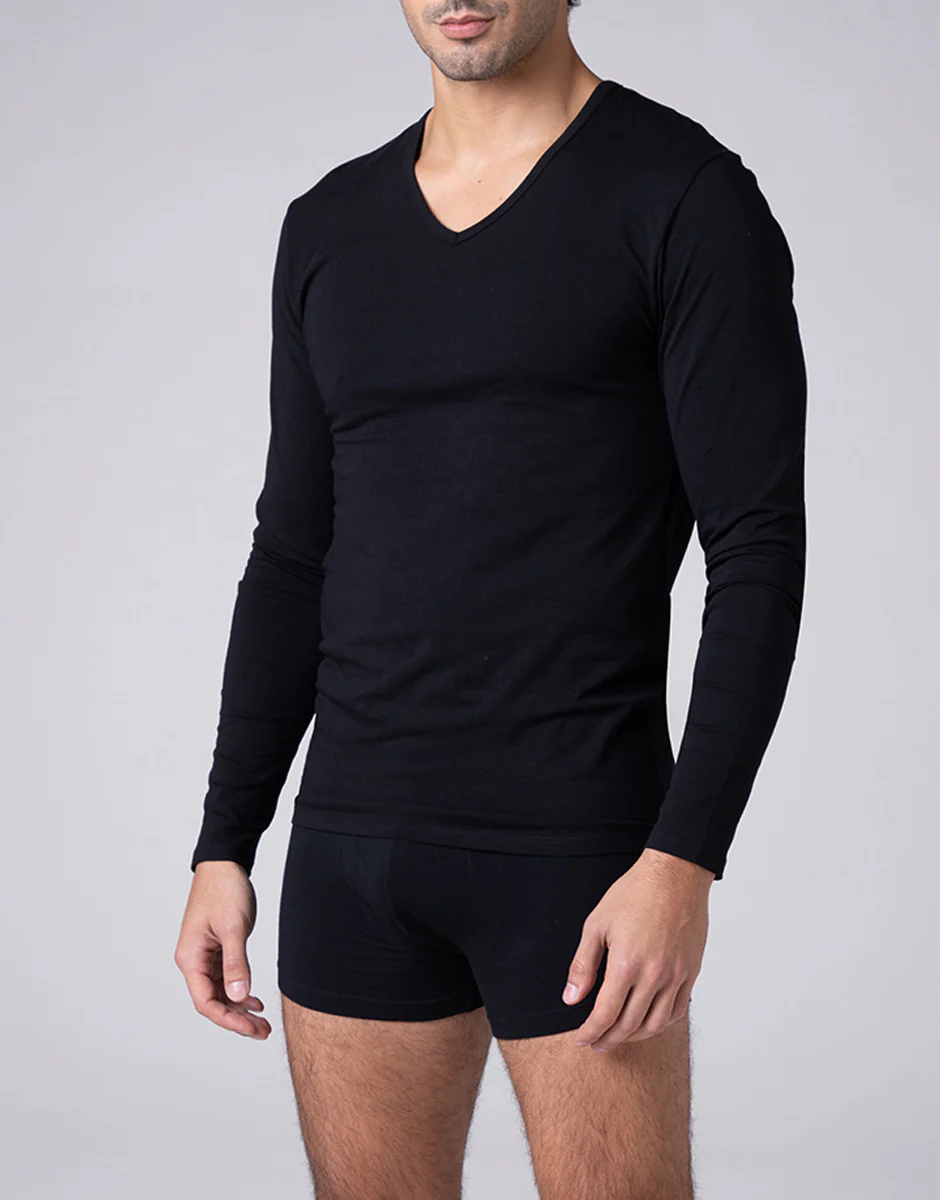 Maglia Manica Lunga scollo a V Cool Sensation in Stretch Cotton, nero - Image 3