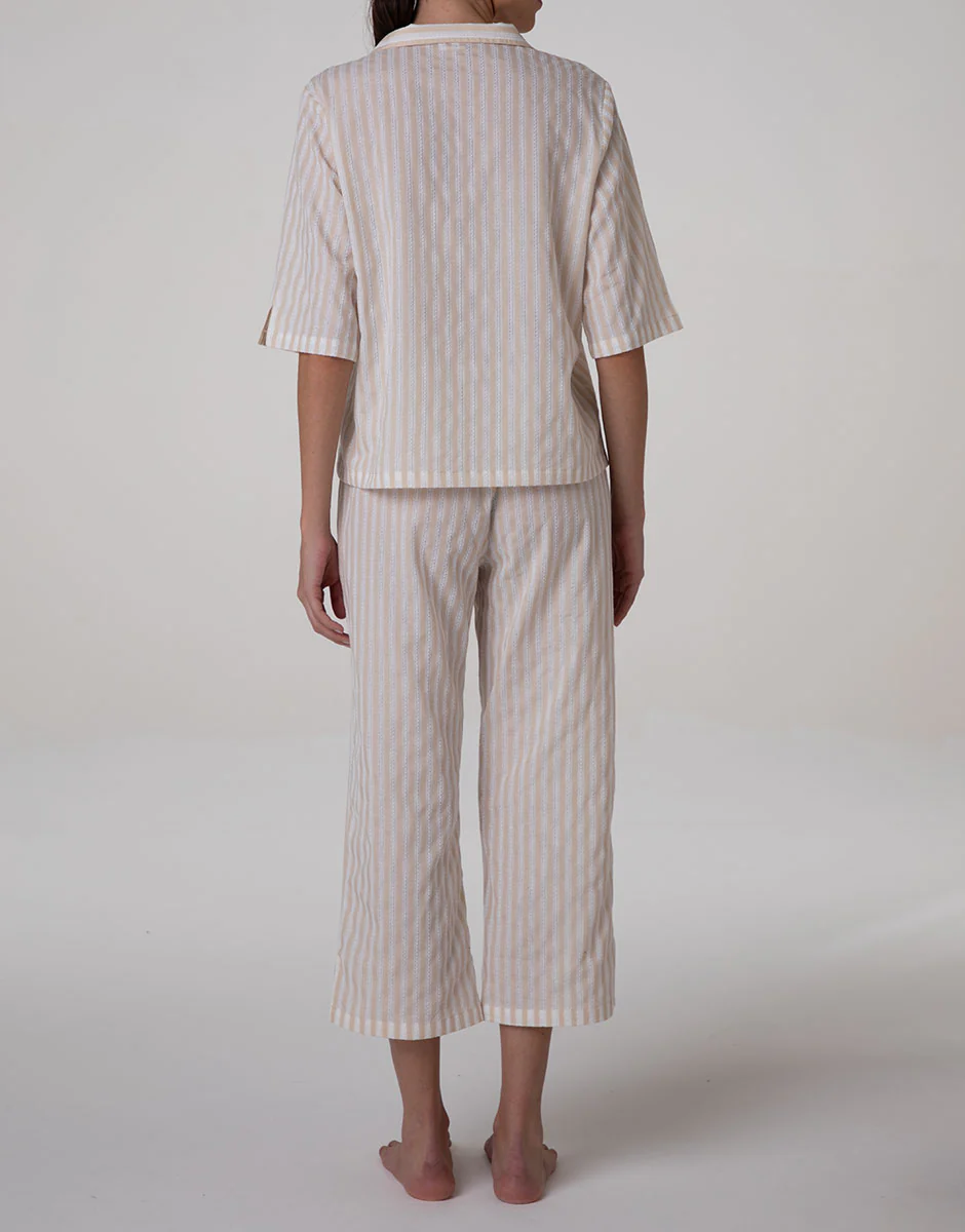 Pigiama Aperto con Maniche 3/4 e Pantaloni 7/8 in Tela di Cotone, righe bianco e crema - Image 3