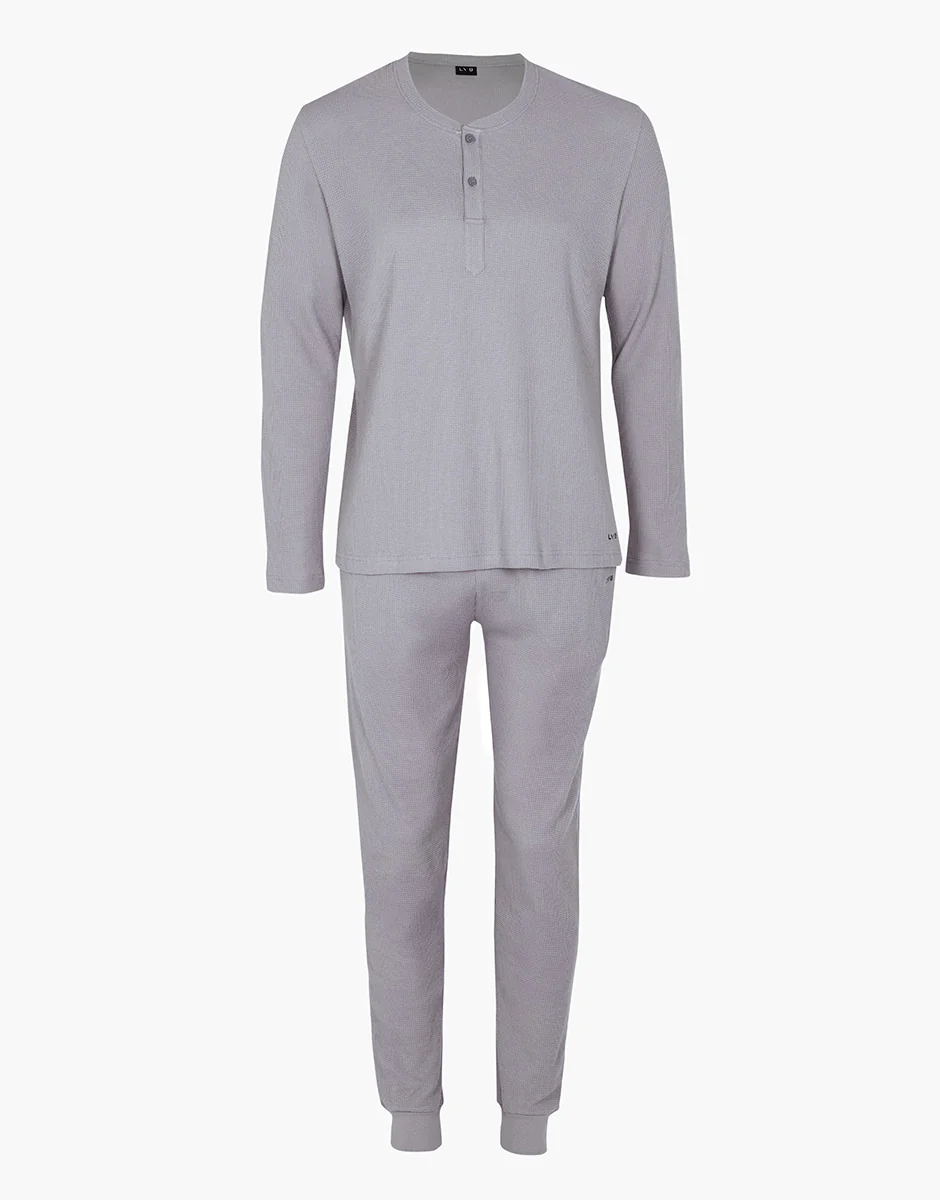 Pigiama Lungo Serafino in Waffle, grigio - Image 3