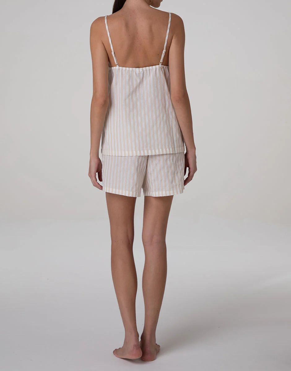 Pigiama Top e Pantaloncini in Tela di Cotone, righe bianco e crema - Image 3