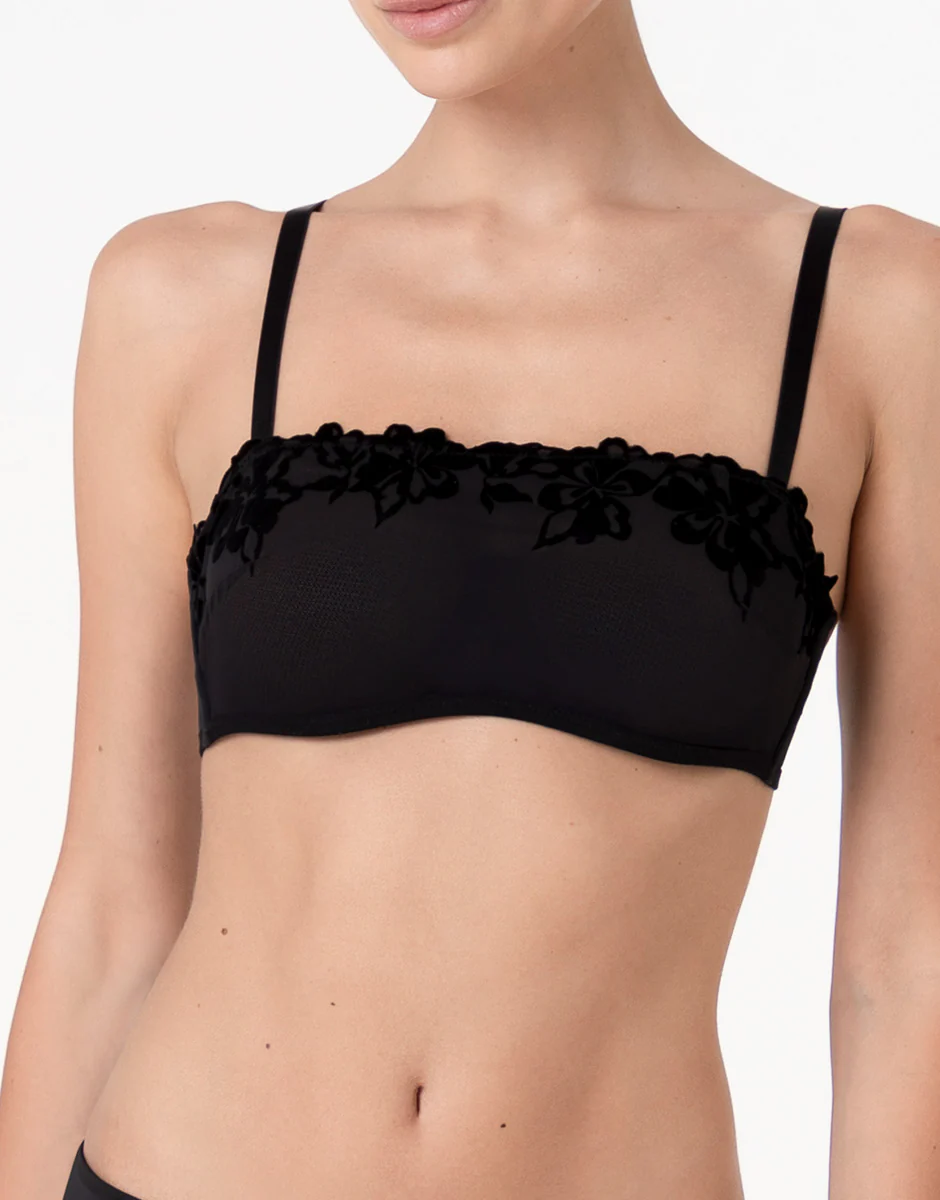 Reggiseno a Fascia con Ferretto Velvet Embroidery in tulle e velluto, nero