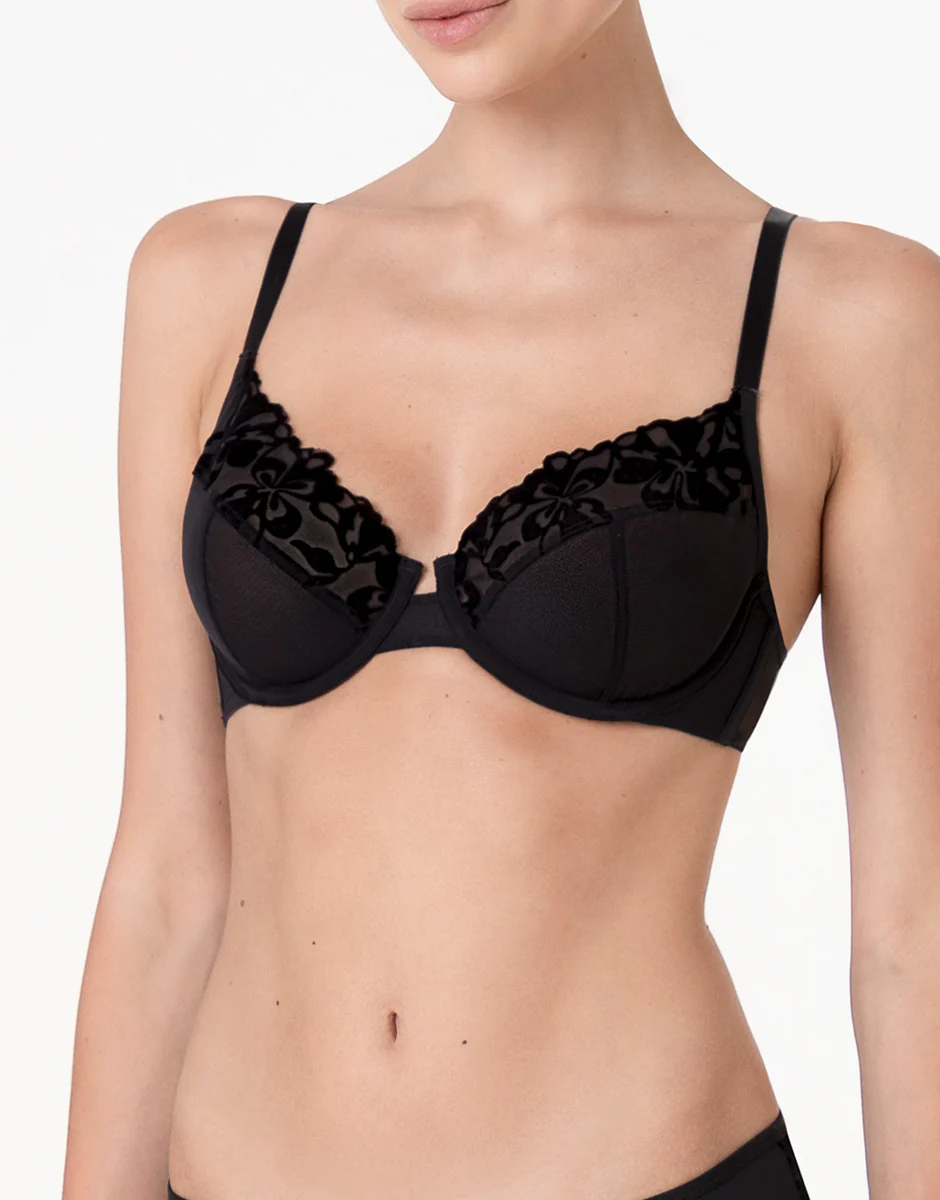 Reggiseno con Ferretto Velvet Embroidery in tulle e velluto, nero