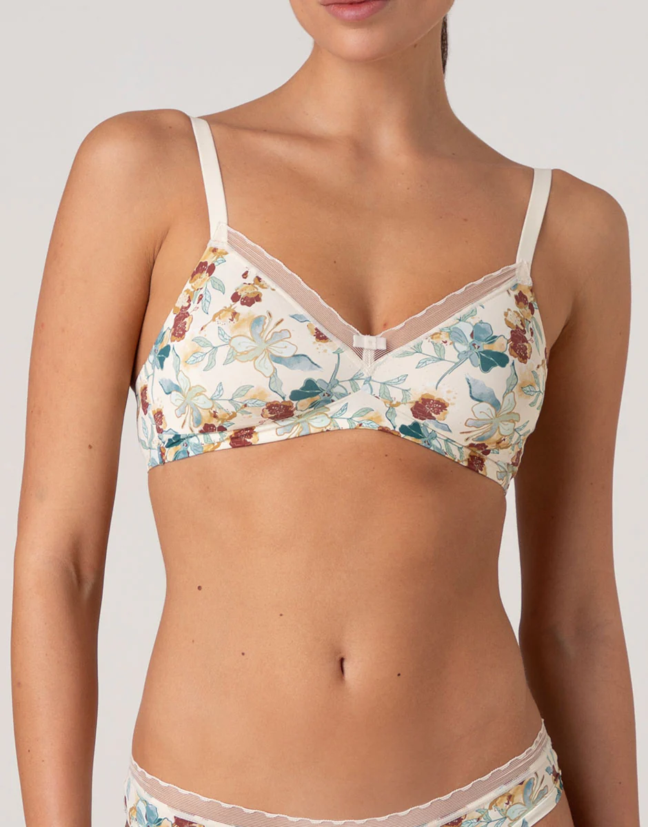 Reggiseno Senza Ferretto My Daily Comfort Printed in microfibra, stampa fiori su avorio perlato