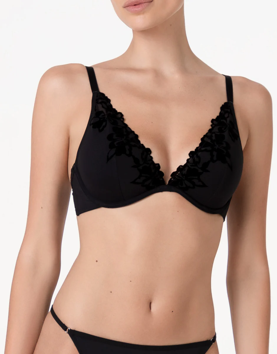 Reggiseno Triangolo Imbottito con Ferretto Velvet Embroidery in tulle e velluto, nero
