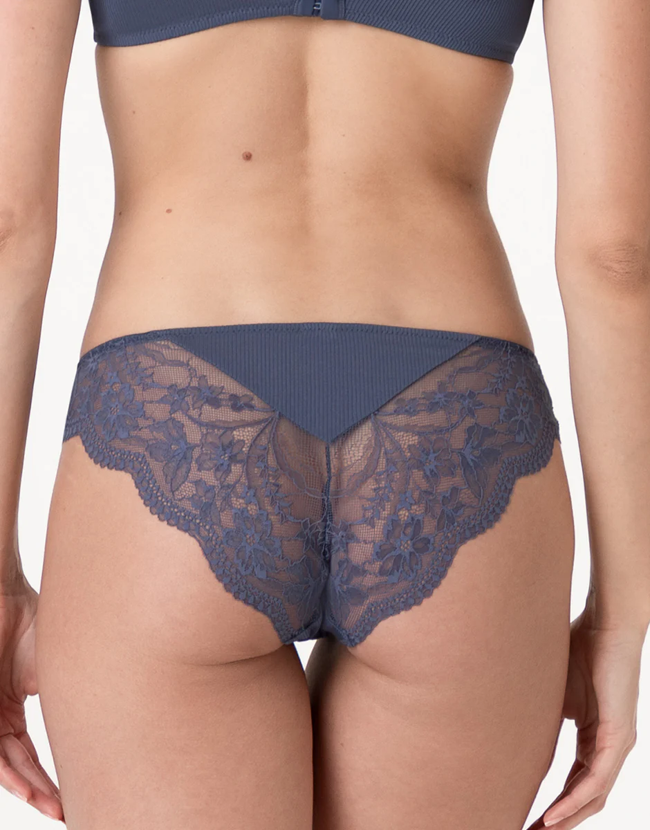 Slip Casual Rib Lace in microfibra e pizzo, blu polvere - Image 2