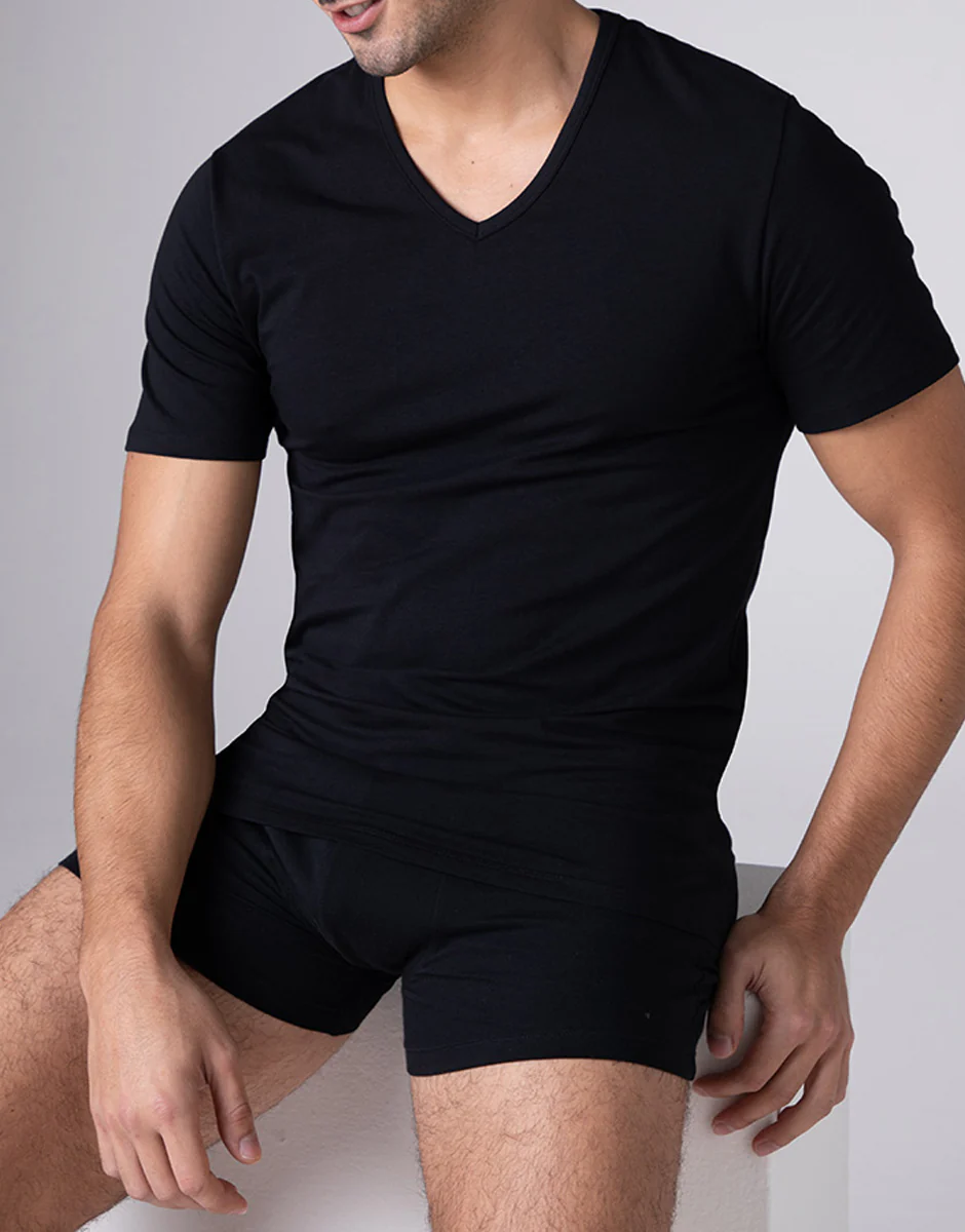 T-shirt scollo a V Cool Sensation in Stretch Cotton, nero
