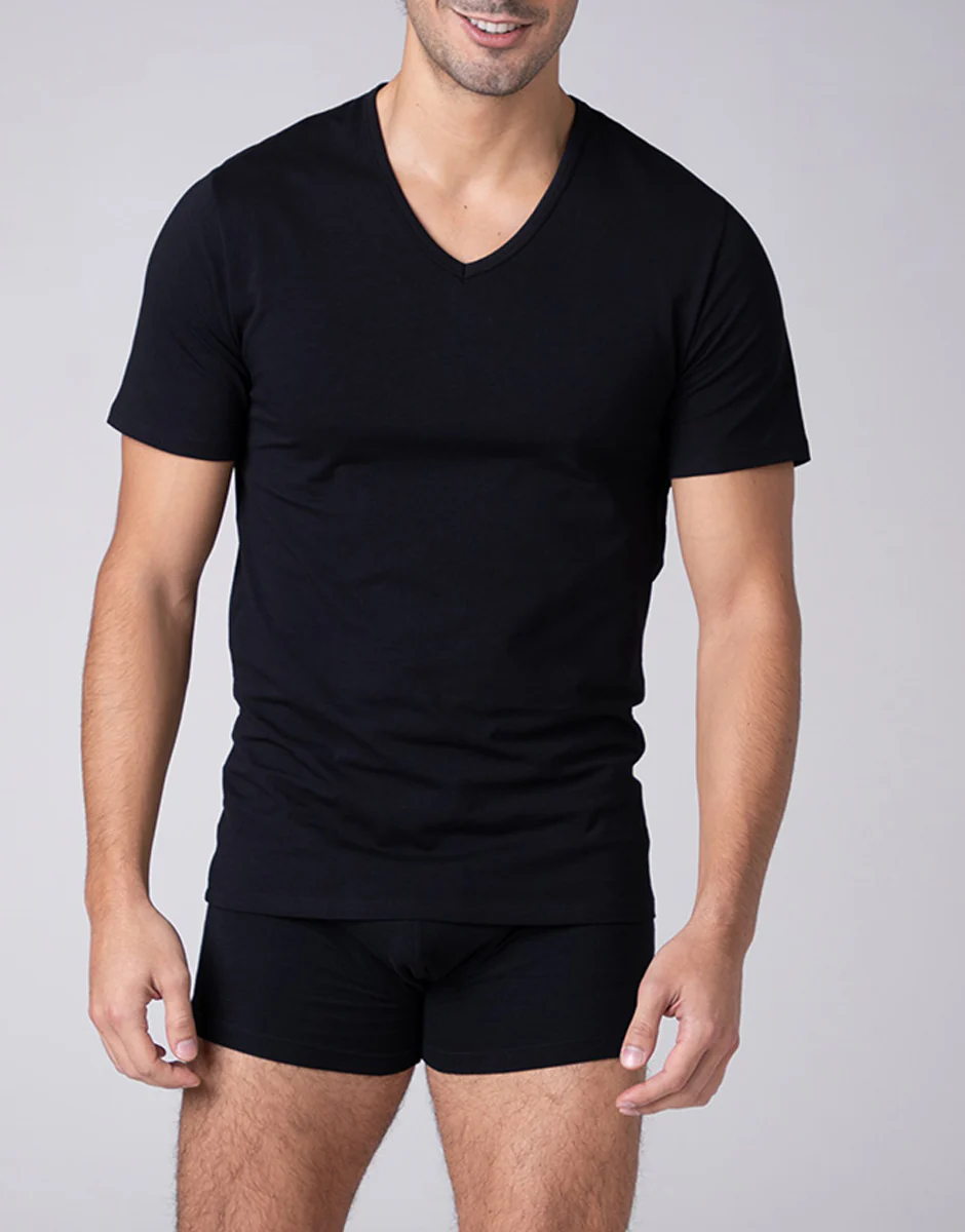 T-shirt scollo a V Cool Sensation in Stretch Cotton, nero - Image 3