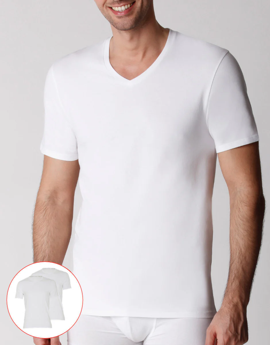 T-shirt scollo a V uomo in cotone biologico, confezione x2 bianco